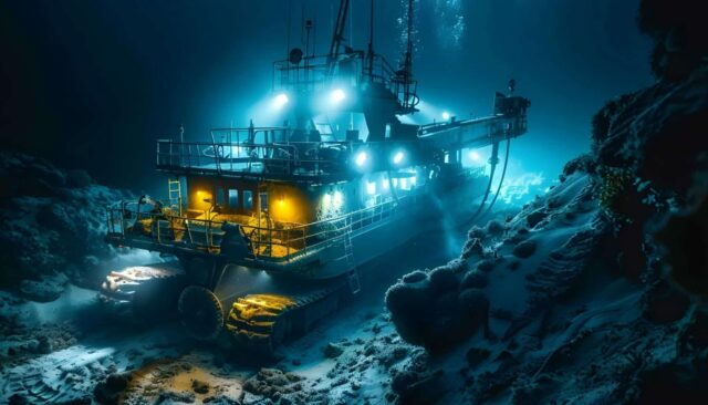 Deep sea mining for rare earth minerals. Concept Mining Industry, Deep Sea Operations, Rare Earth Minerals, Environment Impact, Future Technology